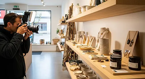 photographe-professionnel-prend-des-clichés-dans-une-boutique-a-lens Un photographe professionnel prend des clichés lumineux à l’intérieur d’une boutique moderne à Lens, mettant en valeur des produits artisanaux soigneusement présentés sur des étagères.